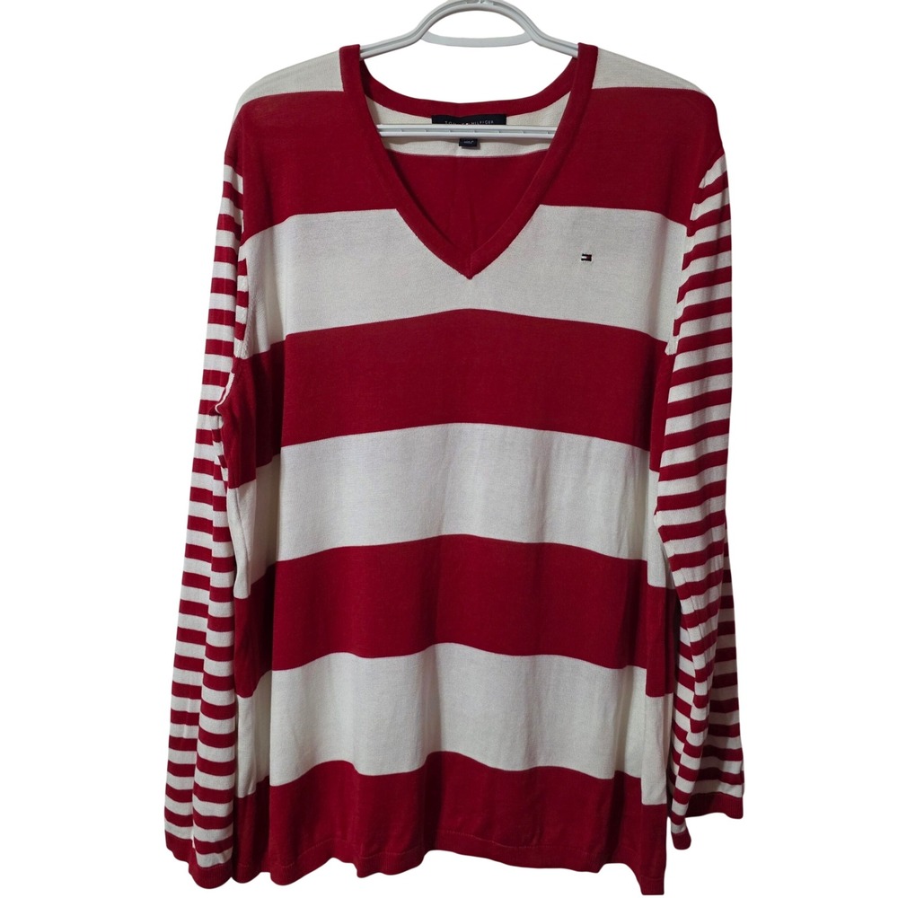 Tommy Hilfiger Women XXL Sweater Red White Striped V-Neck Preppy Nautical Knit